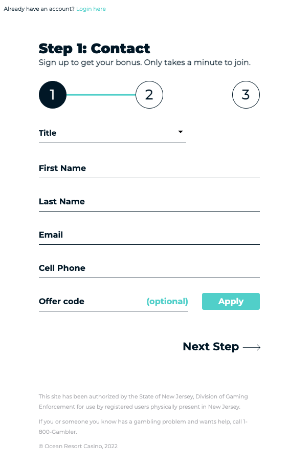 Ocean Online Casino Registration Form